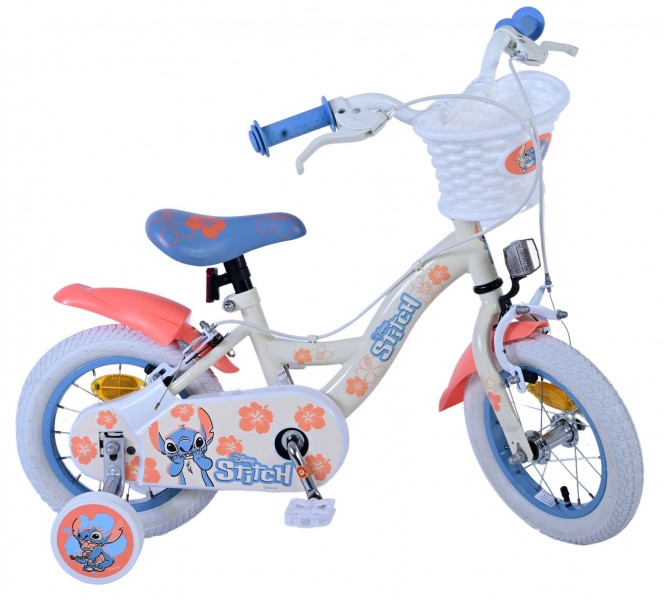 Disney Stitch Kinderfiets Meisjes 12 inch 2 Handremmen Creme Koraal Blauw Bike